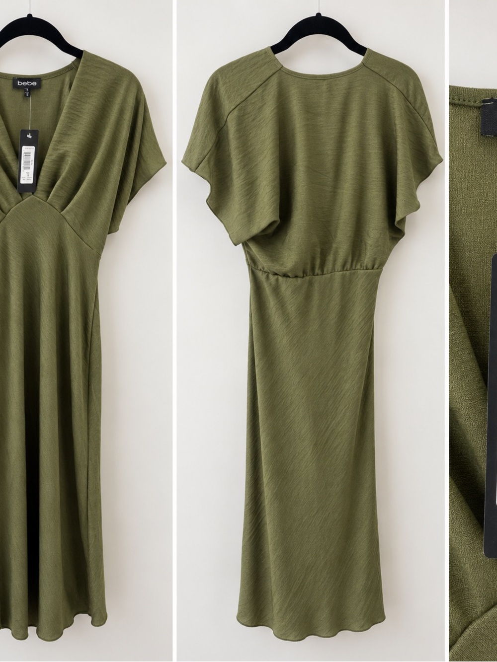 NWT Bebe Olive Green Satin V-Neck Midi Dress Size S